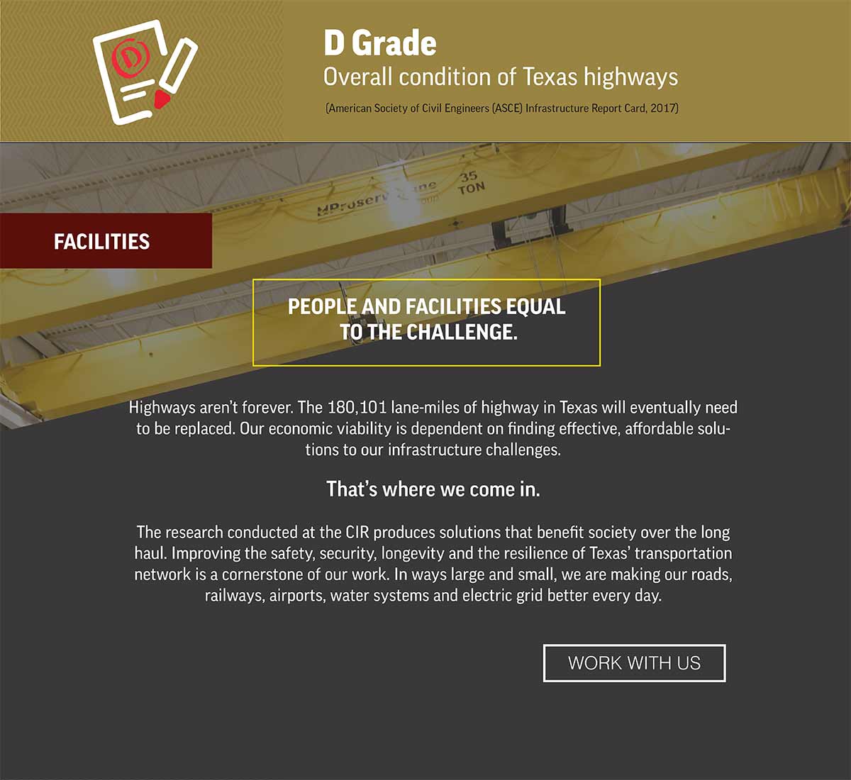 D Grade Overall condition of Texas Highways - Facilities - People and facilities equal to the challenge - work with us