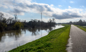 An earthen levee next to a river with a paved path on along the top.